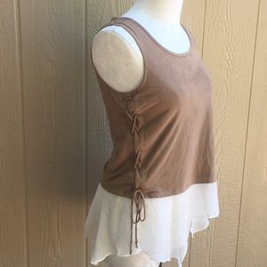 Janet Chung tan top size medium laces on sides sheer bottom